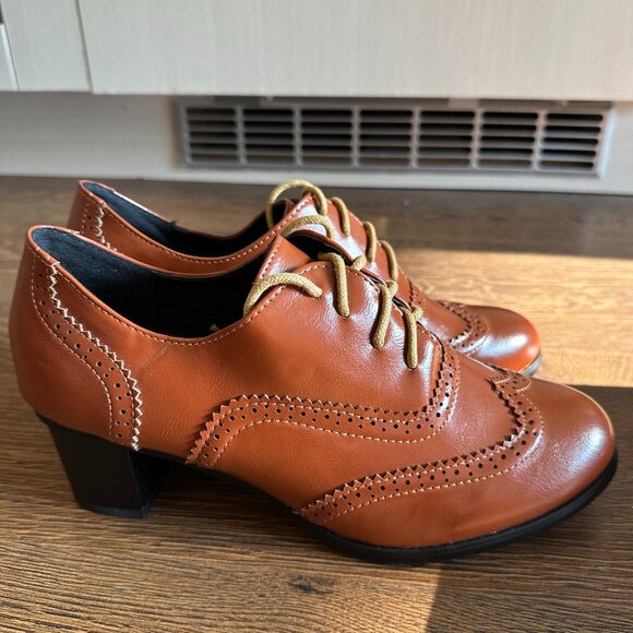 BNIB Odema Brown Brogue Lace Up Oxford Tip Chunky Heels Leather Shoes - Size 8 - Picture 2 of 9